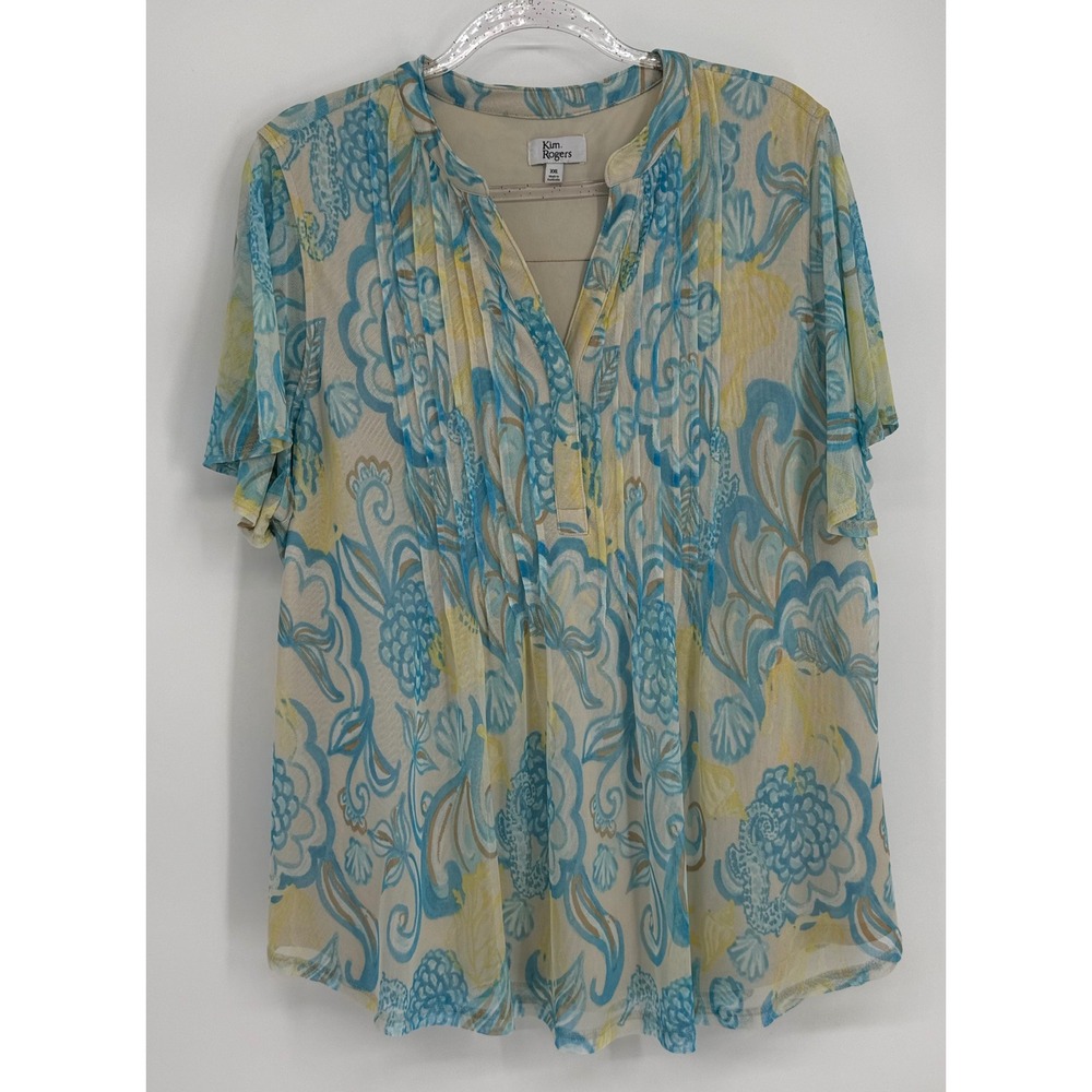Kim Rogers Womens Sz XXL Blue Yellow Coastal Paisley Pintuck Sheer Mesh‎ Blouse